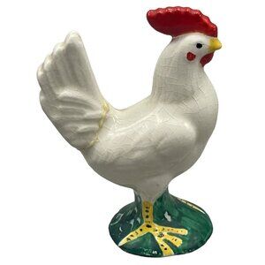 vintage chicken figurine white signed glazed white farmhouse 3.5" READ